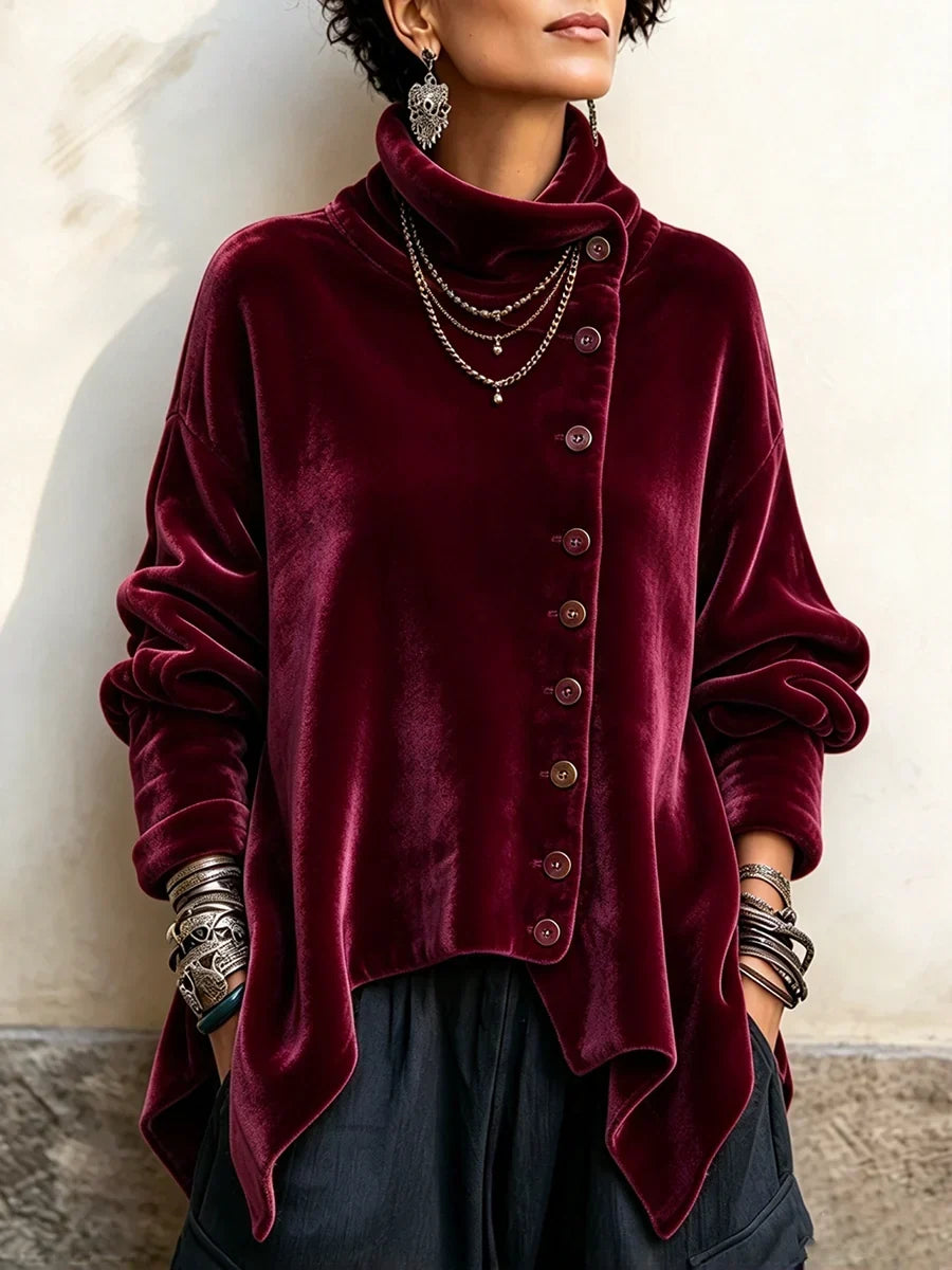 🤲LAST DAY SAVE 49% 🐆Purple Velvet Floral Rose Top – Asymmetrical Button & Cowl Neck