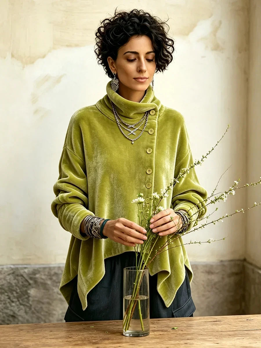 🤲LAST DAY SAVE 49% 🐆Purple Velvet Floral Rose Top – Asymmetrical Button & Cowl Neck