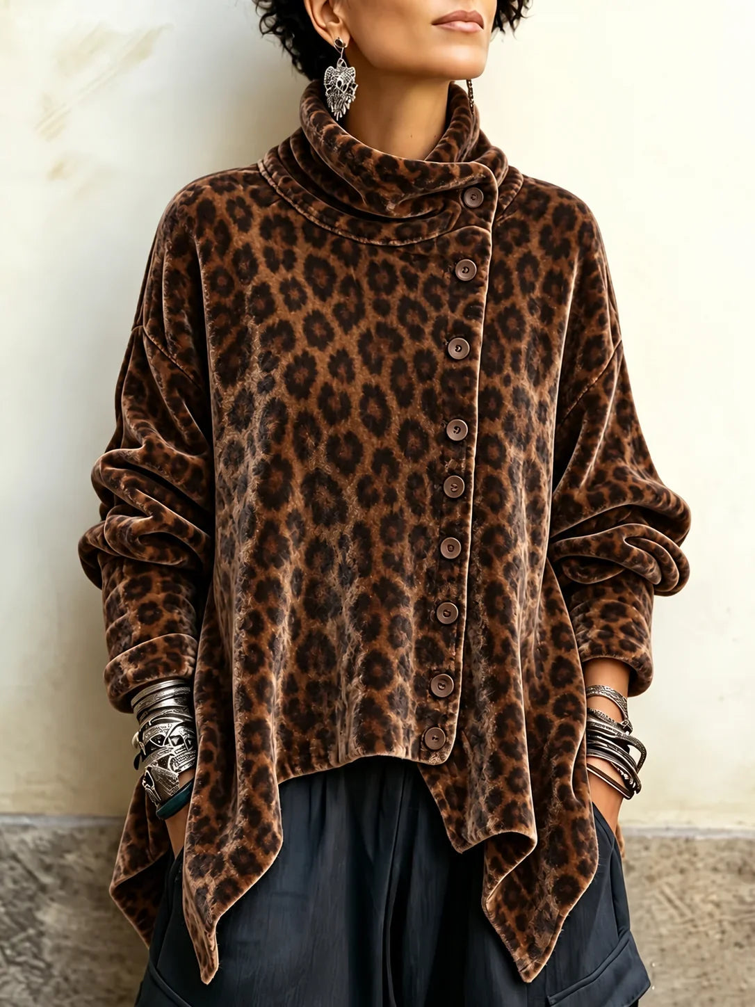 🤲LAST DAY SAVE 49% 🐆Leopard Velvet Asymmetrical Button Top – Cozy & Effortlessly Chic