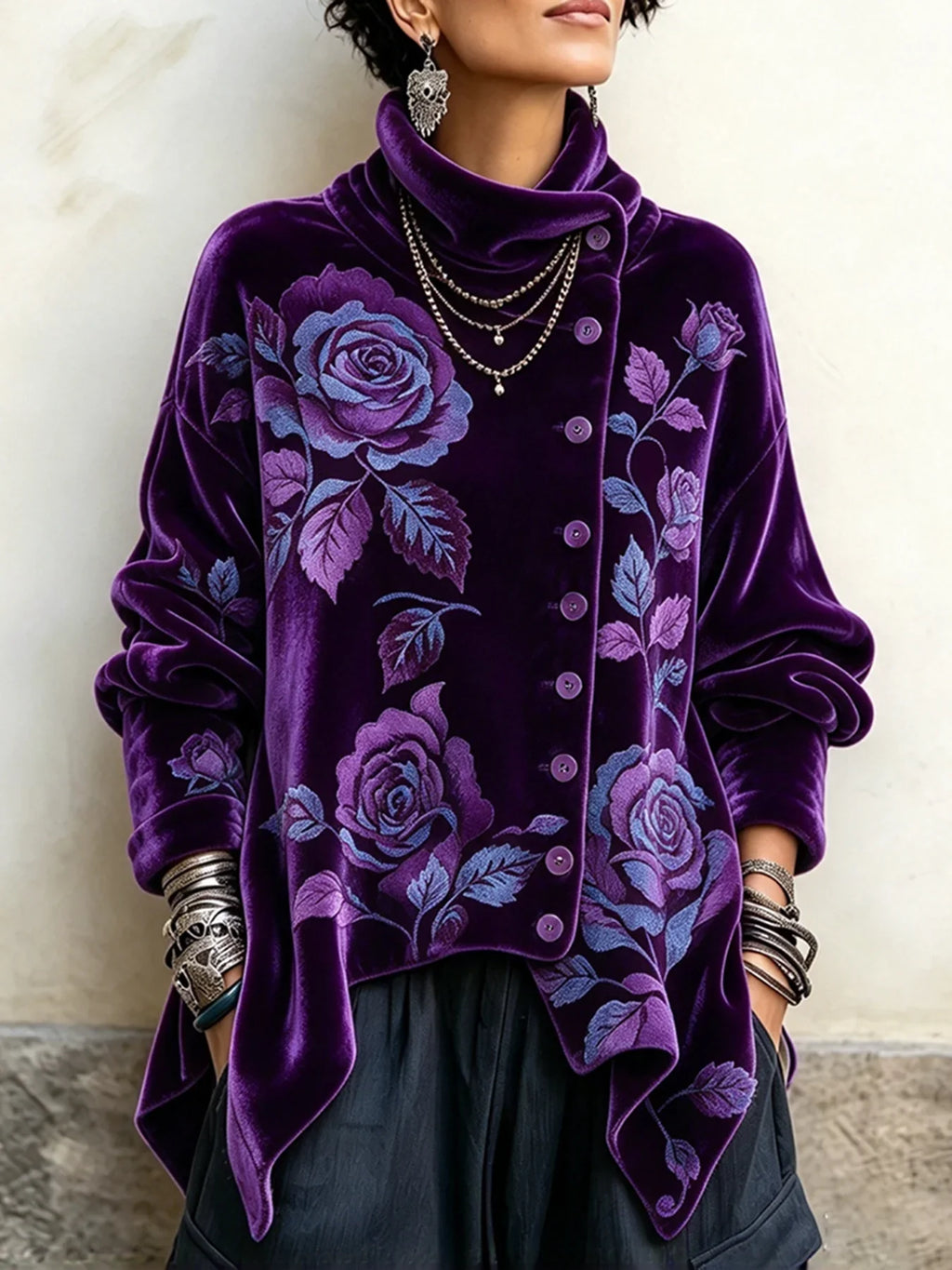🤲LAST DAY SAVE 49% 🐆Purple Velvet Floral Rose Top – Asymmetrical Button & Cowl Neck