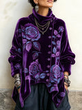 🤲LAST DAY SAVE 49% 🐆Purple Velvet Floral Rose Top – Asymmetrical Button & Cowl Neck