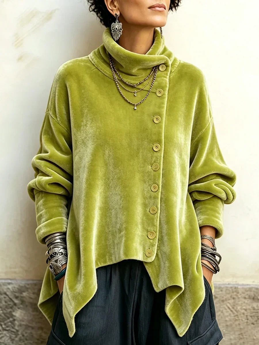 🤲LAST DAY SAVE 49% 🐆Purple Velvet Floral Rose Top – Asymmetrical Button & Cowl Neck